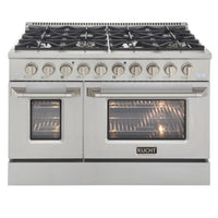 Kucht - 48 po Série KDF Cuisinière Pro Style à double combustible - Acier inoxydable-Cuisinez et pâtissez comme un professionnel grâce à deux fours séparés avec grandes fenêtres de four : le four principal en porcelaine bleue robuste offre 4,2 pi³ de capacité, tandis que le four latéral additionnel dispose de 2,5 pi³