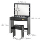 HOMCOM - Coiffeuse avec miroir et lumières - 31,5 po L x 15 po l x 53,1 po H - noir-Panneau de particules revêtu de mélamine avec pieds antidérapants assure la stabilité 
