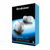Écouteurs Brookstone NanoLink True Wireless avec étui de chargement - Blanc-L'étui en métal de qualité supérieure protège les écouteurs et se glisse facilement dans les sacs et sacs