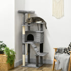 PawHut - Arbre à chat 58 po avec poteaux à griffer, lit, maison, jouets - gris-Le design à plusieurs niveaux répond à leur désir d'explorer 