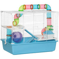 PawHut - Cage pour hamster 3 niveaux 23 po avec roue et bouteille d'eau - Bleu clair-Système de tubes avec plusieurs tuyaux séparés, droits ou courbés