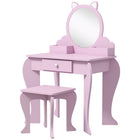 Qaba - Table de maquillage pour enfants avec miroir et tabouret, motif chat - rose-Une coiffeuse pour enfants, comprenant une table de maquillage, un tabouret assorti et un miroir  
