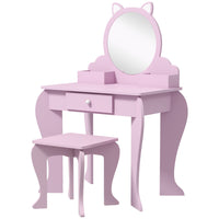 Qaba - Table de maquillage pour enfants avec miroir et tabouret, motif chat - rose-Une coiffeuse pour enfants, comprenant une table de maquillage, un tabouret assorti et un miroir  
