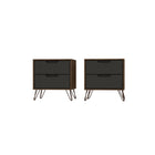 Manhattan Comfort - Rockefeller Table de Nuit 2 Tiroirs 20,08" Style Mid-Century Modern - Naturel et Gris Texturé - Lot de 2-Table de chevet 2 pièces style milieu du siècle pour chambre et salon