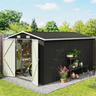 Outsunny - Remise de jardin extérieure robuste 12 pi x 10 pi, gris foncé-Le toit en pente assure l'écoulement efficace de la pluie et de la neige 
