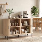 HOMCOM - Buffet mi-siècle cannelé 55 po avec portes coulissantes tambour - bois naturel-Les étagères réglables sur 3 niveaux offrent un rangement flexible pour divers objets