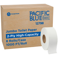 Pacific Blue - Pacific Blue Basic Jumbo JR. Papier hygiénique haute capacité 2 épaisseurs - Paquet de 8-Papier toilette double épaisseur en rouleaux « Jumbo Jr » de 8,9 pouces, conçu pour les sanitaires publics à forte affluence où la réduction de la fréquence de réapprovisionnement et du temps de maintenance constitue une priorité, tout en garantissant une hygiène personnelle constante pour les usagers