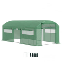 Outsunny - serre tunnel 13 pi x 10 pi x 6,5 pi avec grandes fenêtres et porte à glissière, vert-La serre tunnel dispose de trois portes enroulables pour un accès flexible  
