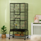 PawHut - Cage à oiseaux grande 3 niveaux 71 po H, avec roues, perchoirs, rampe, étagère de rangement, jouets - noir-Deux grandes portes et dix petites portes pour un accès facile 