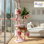 PawHut - Arbre à chat du sol au plafond 94 po-102 po H, avec poteaux à griffer, hamac - rose-Revêtements en peluche courte durables pour une longue durée de vie 
