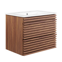 Modway - Render Support mural de 24" Vanette de salle de bain - Blanc noyer-Vanité moderne du milieu du siècle