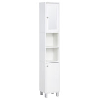 Kleankin - Armoire de salle de bain haute et étroite avec miroir - blanc-Grand espace de rangement comprenant deux armoires à portes et deux étagères de rangement ouvertes 