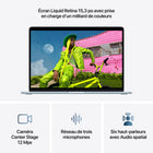 Apple - MacBook Air 15 po - M5 - 10 coeurs - 1 To SSD - Mémoire 24 Go - Bleu ciel-Caméra Center Stage 12 MPX - Pendant vos appels vidéo, restez automatiquement au milieu de l’image avec Cadrage centré ou utilisez Vue du bureau pour partager un plan en plongée de votre espace de travail. Et profitez d’un son incroyable grâce à un réseau de trois micros et un système à six haut-parleurs avec Audio spatial et Dolby Atmos