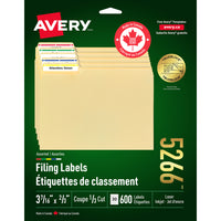 Avery – Étiquettes pour dossiers TrueBlock laser et jet d’encre – 3 7/16 po x 2/3 po – paquet de 600 (05266)-Étiquette permanente, rectangulaire, découpe 1/3
