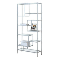 Monarch Specialties - 7158 72 po H Etagere - Metal Argent Et Verre Trempe-Donnez à votre maison un look audacieux et moderne avec cette bibliothèque unique de 72 po de haut. en métal argenté et verre trempé épais. Ce meuble chic et sans dossier dispose de 9 tablettes asymétriques de différentes tailles, parfaites pour exposer vos livres, cadres ou autres objets décoratifs préférés. Cette unité élégante sera un excellent ajout à votre bureau à domicile, salon, chambre à coucher ou même au couloir pour que vo
