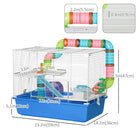 PawHut - Cage à hamster 23 po à 3 niveaux avec roue et bouteille d'eau - Bleu-Poignées permettant de transporter facilement la cage sans difficulté