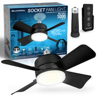 Bell+Howell - Ventilateur de plafond Socket Breeze avec lumière et télécommande-Se visse dans n'importe quelle douille standard E26 ou E27 comme une ampoule ordinaire, sans câblage, outils ni électricien, et s'installe en quelques minutes