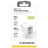 Scosche - Chargeur domestique PowerVolt PD70 70 W à double port USB-C et port USB-A unique avec fonction alimentation électrique-Recharge en toute sécurité les iPhone, iPad, MacBook et autres appareils.