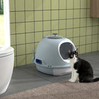 PawHut - Bac à litière pour chat fermé avec couvercle, pelle, porte avant, puits de lumière - bleu-Porte avant avec butée pour une sortie uniquement par le haut afin de maintenir la propreté 