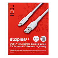 Staples - TECH Câble tressé de chargement Lightning vers USB-A - 6,6 pi - blanc-Câble USB-A vers Lightning de 6,5 pi (2 m) qui peut transférer des données à des vitesses allant jusqu’à 480 Mb/s