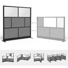 Luxor - Mur modulaire 70 x 70 - Cadre noir segmenté, fenêtre givrée, PET gris frais-Conception avec panneaux en acrylique givré et panneaux acoustiques en PET