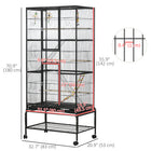PawHut - Cage à oiseaux grande 3 niveaux 71 po H, avec roues, perchoirs, rampe, étagère de rangement, jouets - noir-Comprend trois perchoirs en bois et six mangeoires en plastique 