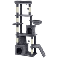 PawHut - Arbre à chat, grande tour de 67 po avec 7 poteaux à griffer - gris foncé-Ce centre tout-en-un de 66,9 po (170 cm) comprend un perchoir, des condos et un hamac 