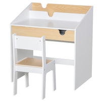 Qaba - Ensemble bureau et chaise pour enfants avec tiroir de rangement coulissant pour 6-10 ans - blanc et naturel-Ensemble de deux pièces comprenant un bureau et une chaise assortie  
