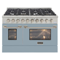 Kucht - 48 po Série KDF Cuisinière Pro Style à double combustible - Acier inoxydable/Bleu pâle-Cuisinez et pâtissez comme un professionnel grâce à deux fours séparés avec grandes fenêtres de four : le four principal en porcelaine bleue robuste offre 4,2 pi³ de capacité, tandis que le four latéral additionnel dispose de 2,5 pi³