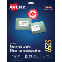 Avery - Étiquettes rectangulaires blaches, 1-1/2 po x 4 po,Paquet de 350 (5259)-1-1/2po x 4po, blanches
