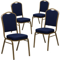 Flash Furniture – Chaise banquet empilable Hercules, dossier couronne, tissu bleu marine à motifs, châssis doré, 4/pqt-Ensemble de 4 chaises de banquet polyvalentes
