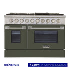 Kucht - 48 po Série KDF Cuisinière Pro Style à double combustible - Acier inoxydable/Vert olive-Cuisinière de classe professionnelle dotée de 2 brûleurs doubles de 20000 BTU avec fonction mijotage, 2 brûleurs de 12000 BTU, 2 brûleurs de 9000 BTU et 2 brûleurs de 6000 BTU
