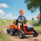 Qaba - Tracteur électrique pour enfants 12V avec remorque et télécommande - orange-Six roues adhérentes permettent de franchir facilement divers terrains extérieurs 