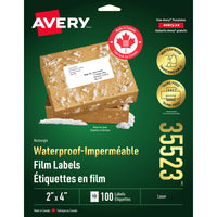 Avery - Étiquettes imperméables rectangulaires - 2po x 4po - Blanc - 100 Étiquettes-Étiquettes d'expédition blanc