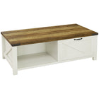 HOMCOM - Table basse style ferme avec tiroir et étagère de rangement pour salon - blanc-Meuble vintage avec étagère à demi-ouverture, élément en biais, tiroir au design porte de grange et poignée rétro