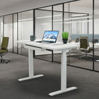 Motionwise - Bureau de la série M2 48 po de largeur, Motionwise - Bureau électrique assis-debout avec double moteurs et tiroir coulissant - Blanc-Plateau en bois durable de 1 po : Fabriqué en bois (panneau de particules) avec une épaisseur de 1 po, garantissant une durabilité à long terme et une esthétique élégante pour votre espace de travail.
