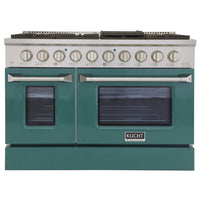 Kucht - 48 po Série KNG Cuisinière Pro Style au gaz naturel - Acier inoxydable/Vert-Cuisinez et pâtissez comme un professionnel grâce à deux fours séparés dotés de larges vitres. Le four principal est un four robuste en porcelaine bleue d’une capacité de 4,2 pi³, tandis que le four latéral supplémentaire offre une capacité de 2,5 pi³