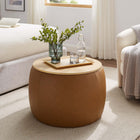 Modway - Perla Manche Cuir végane Ottoman de stockage - Tan-Couvercle de placage à grains de bois