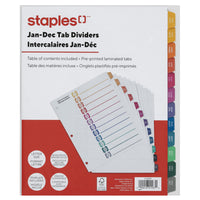 Staples - Intercalaires pré-imprimés - Janvier-Décembre - Couleur-Les intercalaires sont étiquetés de janvier à décembre pour faciliter l'organisation des documents