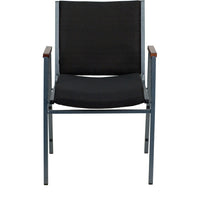 Flash Furniture – Chaise empilable robuste à revêtement noir à motifs et rembourrage épais de 3 pouces Hercules, avec accoudoirs-Chaise empilable multi-usages