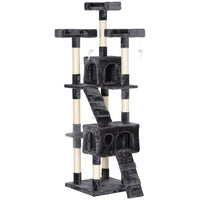 PawHut - Arbre à chat 68 po, tour condo grande à plusieurs niveaux - gris-Arbre à chat haut à plusieurs niveaux avec 3 plateformes supérieures, 2 grands condos, 2 échelles, 3 jouets suspendus pour que le chat puisse jouer 