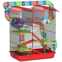 PawHut - Cage pour hamster à 5 niveaux avec système de tunnels, roue d’exercice - 18,5 po L x 11,8 po l x 23,2 po H - rouge-Plusieurs plateformes augmentent le plaisir d'exploration et d'escalade 