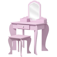 Qaba - Table de maquillage pour enfants avec miroir et tabouret, motif nuage - rose-Une coiffeuse pour enfants, comprenant une table de maquillage, un tabouret assorti et un miroir  
