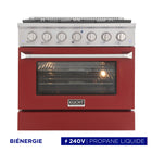 Kucht - 36 po Série KDF Cuisinière Pro Style au gaz propane - Acier inoxydable/Rouge-La cuisinière à gaz à 6 brûleurs comprend un brûleur double de 20 000 BTU avec mode mijotage, un brûleur de 15 000 BTU, un brûleur de 12 000 BTU, deux brûleurs de 9 000 BTU et un brûleur de 6 000 BTU