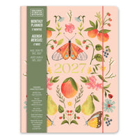 Orange Circle - Studio 2027 Agenda mensuel Just Right - 9-3/4 po x 7-1/2 po - Fruits et flore - Bilingue-Doté d’une bande élastique pour la fermeture et d’une pochette de rangement intérieure