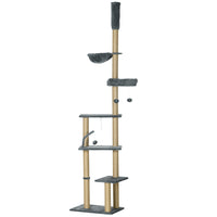 PawHut - arbre à chat du sol au plafond, hauteur réglable 90,5 po - 98,5 po - gris-Le design unique comprend plusieurs plateformes offrant à vos chats espiègles beaucoup d'espace pour se détendre et jouer 