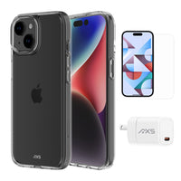 AXS - Ensemble de départ avec étui ULTRA CLEAR transparent testé contre les chutes, protecteur d’écran et chargeur 20W pour Apple iPhone 15 Plus-Étui résistant aux chutes avec des poches d’air absorbant les chocs