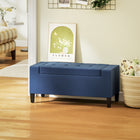 HOMCOM - Banc de rangement avec ottoman à dessus rabattable - bleu-Le couvercle rabattable facilite l’ouverture et le rangement des objets à l’intérieur 