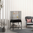 PawHut - Cage à oiseaux 51 po H avec support à roulettes, jouets - noir-Comprend quatre perchoirs en bois et quatre mangeoires en plastique 