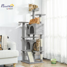 PawHut - Arbre à chat 63 po H, avec deux niches pour chats - gris clair-Comprend des poteaux à griffer et une rampe pour satisfaire les instincts naturels de griffade 